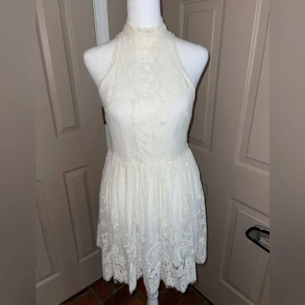 Free People lace mock neck keyhole back fitted flare dress.